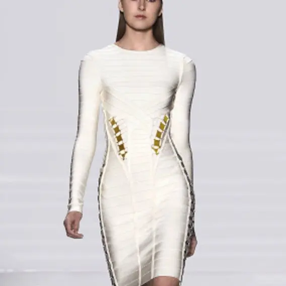 New Arrival HL women bandage Dress Long Sleeve Metal on Waist Sides Studed Celebrity Formal Proms White Drop Shipping HL2272 | Женская
