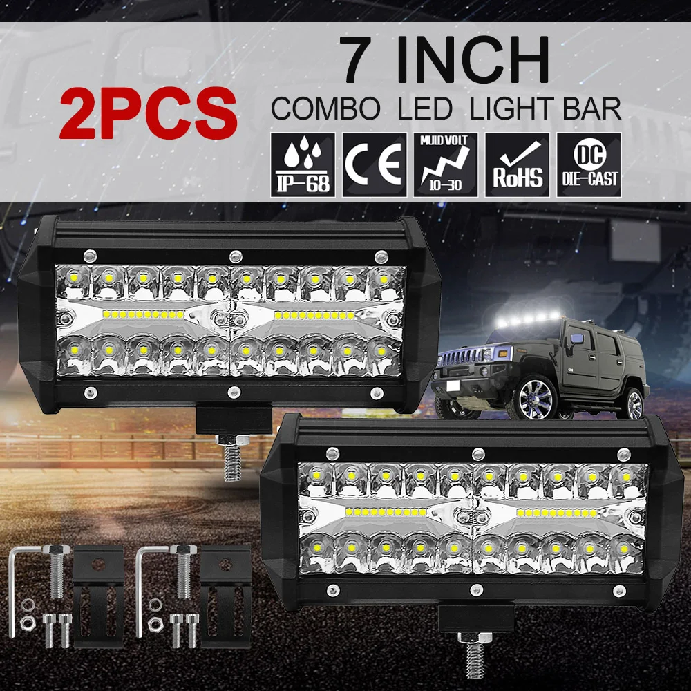 2pcs 7inch 120W LED Light Bar Spot Flood Combo Beam Work Driving Fog Lamp Road Lighting for Car Jeep Truck SUV ATV Boat | Автомобили и