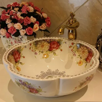 

Jingdezhen factory directly art hand painted ceramic wash basin round bowl sink bathroom wash basin sink rose flower shape