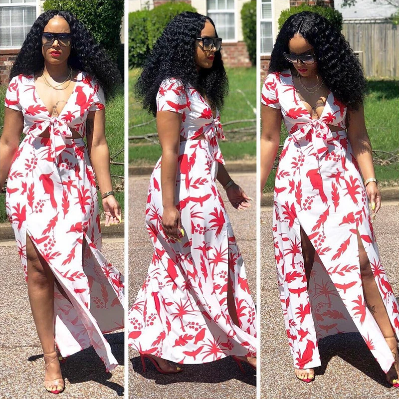 

Double High Split Sexy Long Maxi Dress Women Deep V Neck Short Sleeve Print Dress Vintage Bow Tie Cut Out Backless 20190529