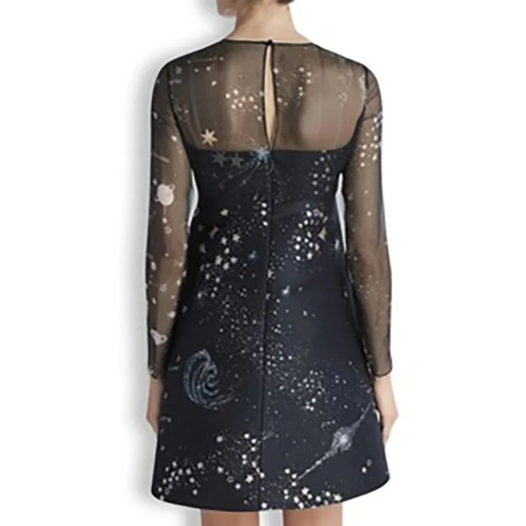 2019 Spring  Summer New Women  Wear Star Pattern Print Dress  Perspective Chiffon Fashion Women Temperament Commuting Printing