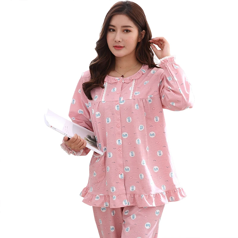 Womens Cotton Pajamas Round Neck Cardigan Pyjamas Set Long Sleeve