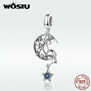 

WOSTU S925 Kitty In The Moon Charm Dangle 100% Real 925 Sterling Silver Pendant Charms Fit Charm For Women DXC1205