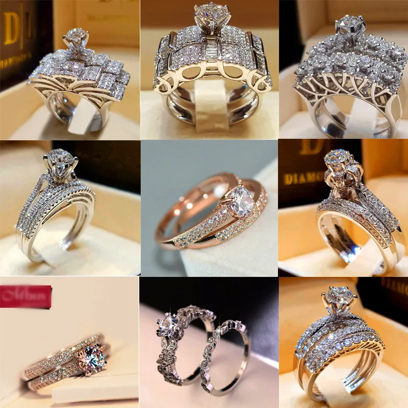 

Boho Female Crystal White Round Ring Set Brand Luxury Promise 925 Silver Engagement Ring Vintage Bridal Wedding Rings For Women
