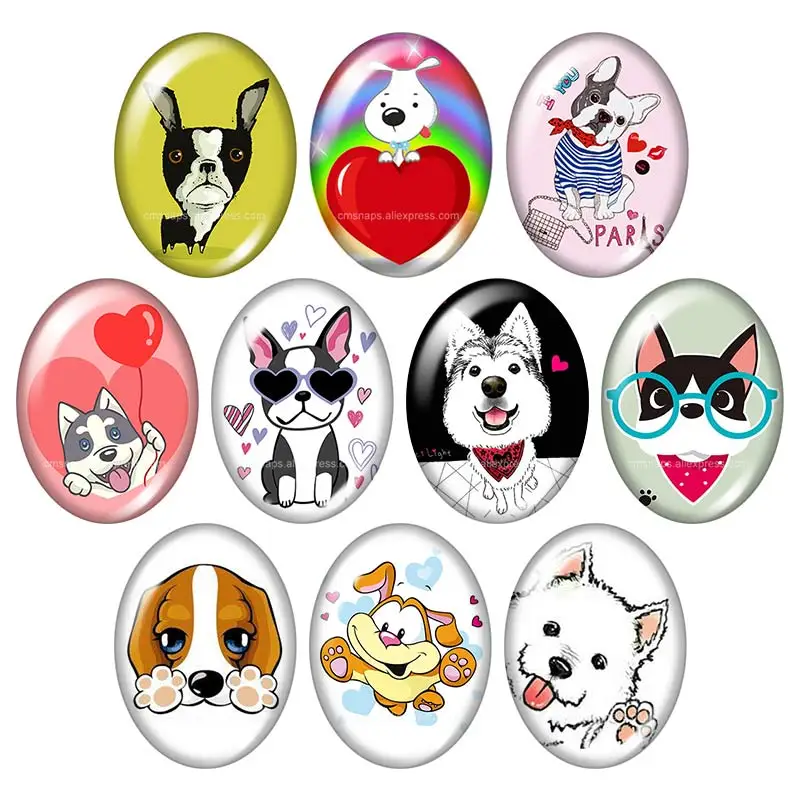 

Dog Cartoon dogs Pet 13x18mm/18x25mm/30x40mm mixed Oval photo glass cabochon demo flat back Jewelry findings Gift TB0029