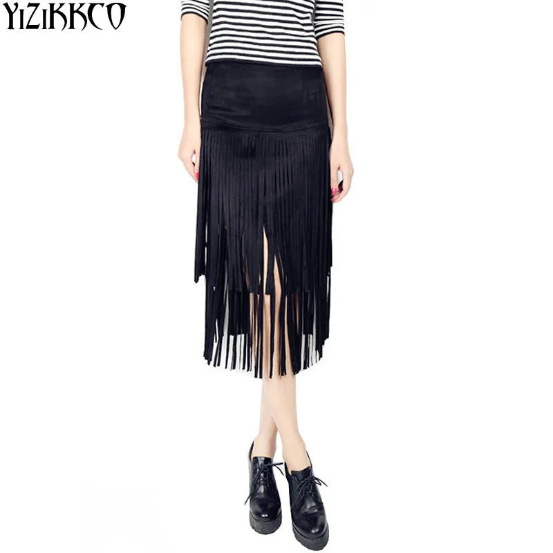 Women Skirts 2017 Spring Summer New Casual Tassel Mid Calf Skirts High