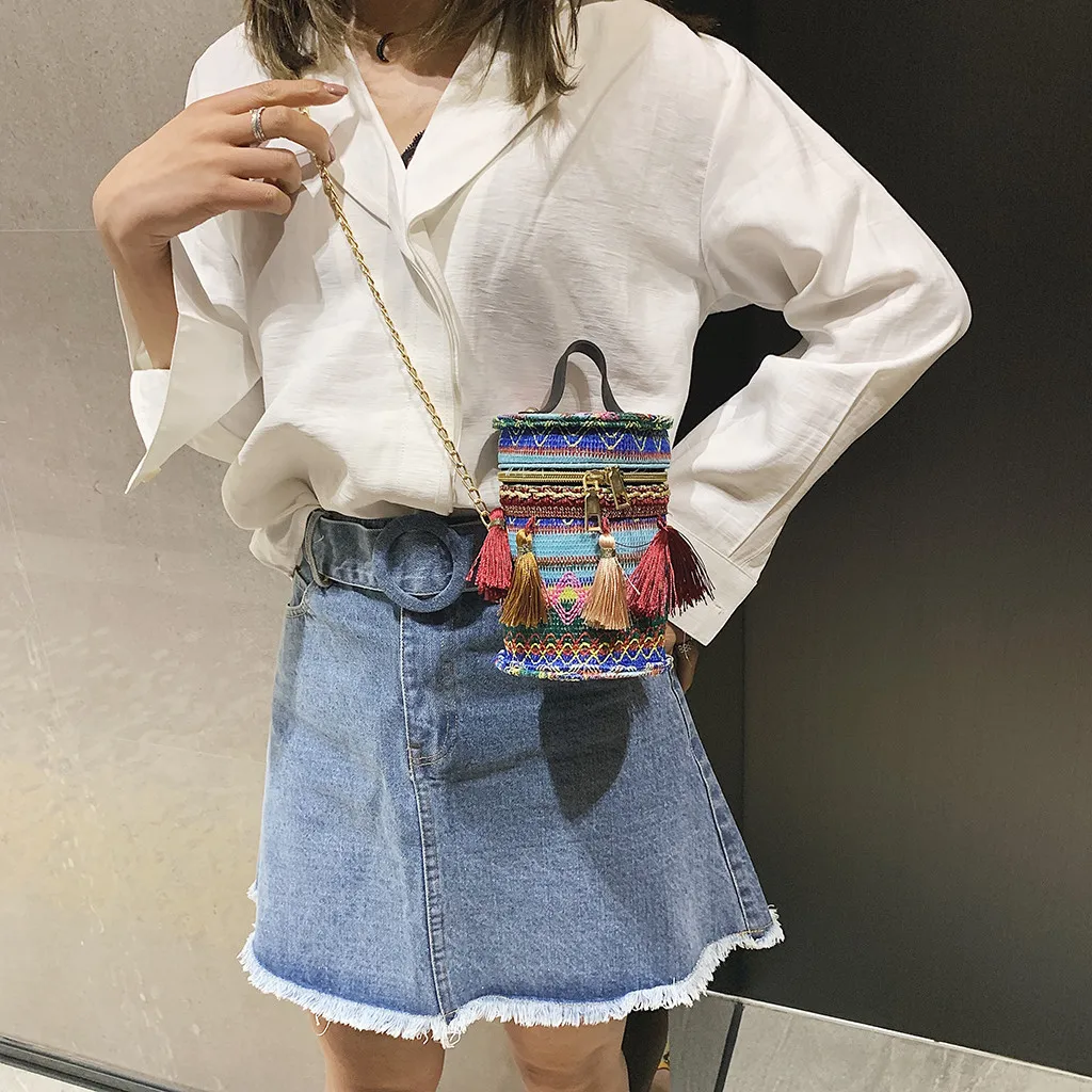 

MUQGEW Small Vintage Women Chain Messenger Bag Shoulder Bag Fashion Drum Bag Fashion Female Tassel Handbag #0428