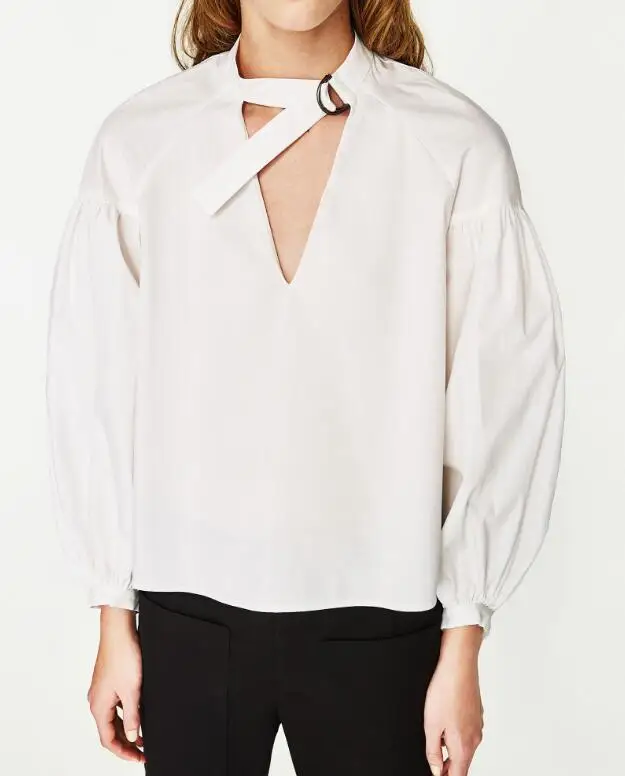 Fashion Desain 2017SS BARU WANITA Kemeja V-neck dengan gesper sabuk Putih Lentera Lengan Panjang KEMEJA TOP