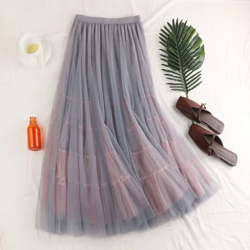 

high waist patchwork women skirts mesh A-line loose solid office lady elegant skirts top quality