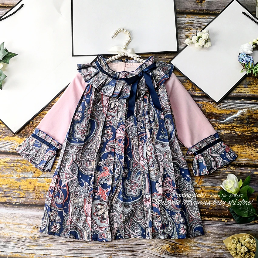 

5559 Ruffles Ribbon Print Princess Baby Girl Dresses New Spring Fall Autumn Party Kid Dress For Girl Wholesale Baby Girl Clothes