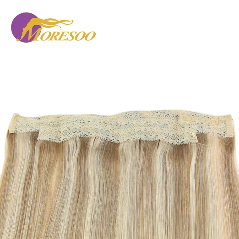 Moresoo 12-22 inch Flip in Human Hair Extensions Fishing Line Halo Hair Invisible Hidden Secret Wire Machine Remy Brazilian Hair
