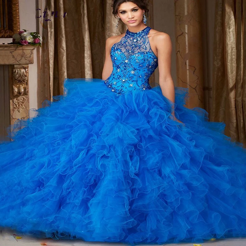 

Cheap Blue 2017 Quinceanera Dress Ball Gown High Neck Beaded Rhinestones Long Sweet 16 Years Party Gowns Vestido De 15 Anos