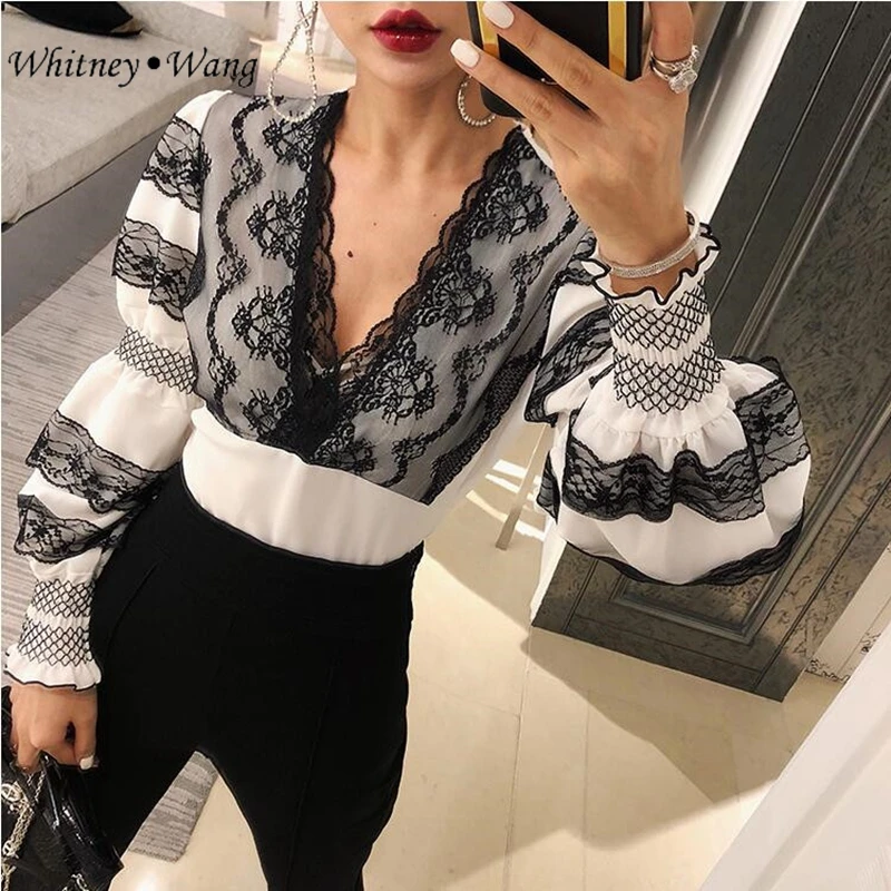 

WHITNEY WANG 2019 Spring Autumn Fashion Streetwear Lace Patchwork V-neck Puff Sleeve Blouse Women blusas Office Lady Shirt Tops