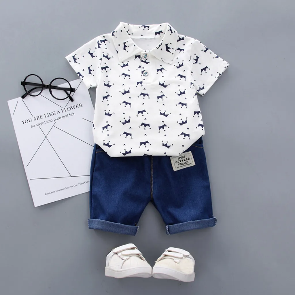 

Toddler Baby Boy Clothing Sets Summer Baby Boys Short Sleeve Crown Pattern Shirt Tops+ Denim Pants Clothes Set newborn suits