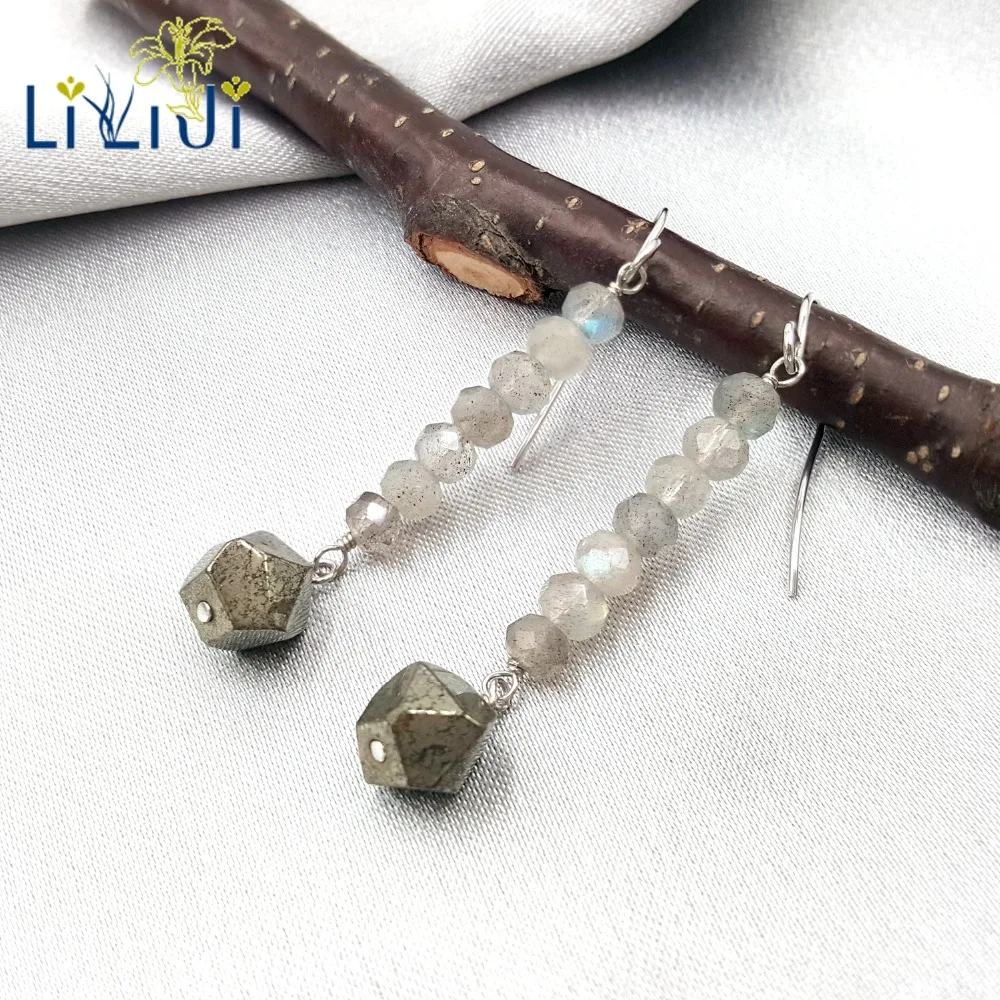 Lii Ji Natural Labradorite Faceted Beads Pyrite 925 Sterling Silver 18K Plated Drop Earrings | Украшения и аксессуары