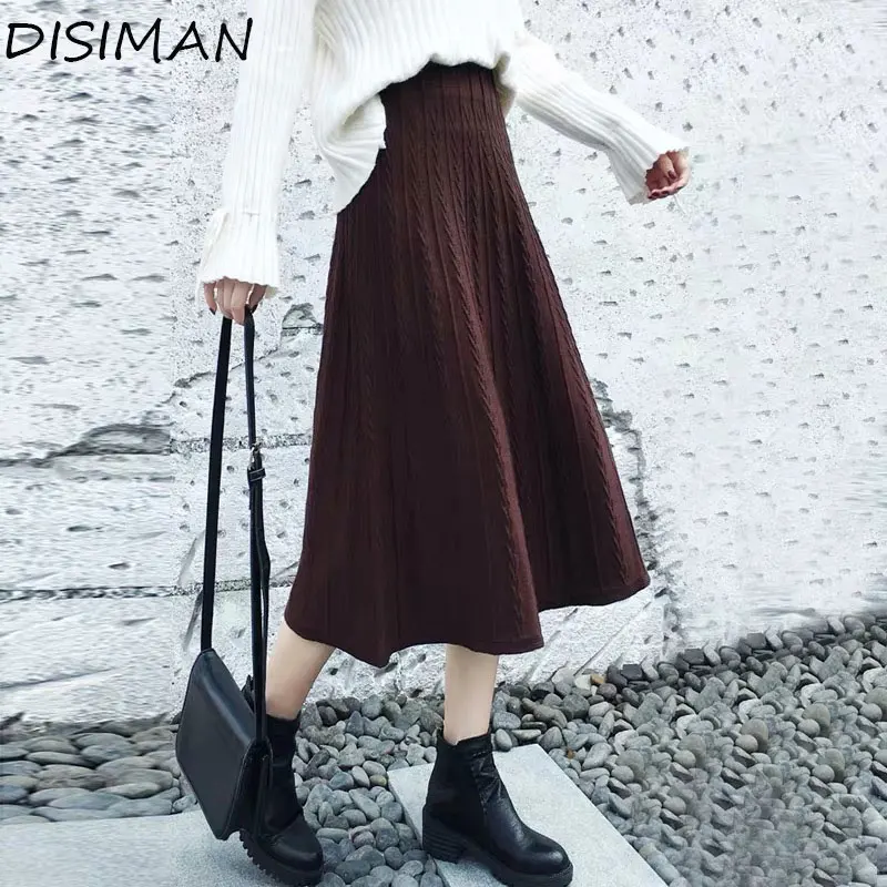 DISIMAN осень корейский стиль Женская однотонная плиссированная юбка зима kawaii длинная юбка модные эластичные юбки женские