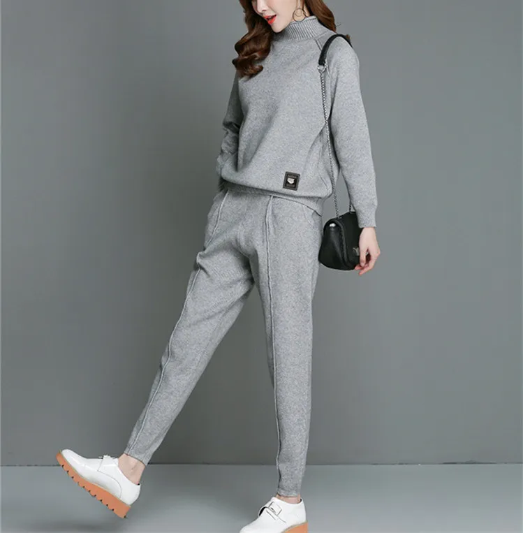 

women spring autumn sweater suits half high collar pullover pencil pant 2pcs/set cashmere nylon blend knit one&over size