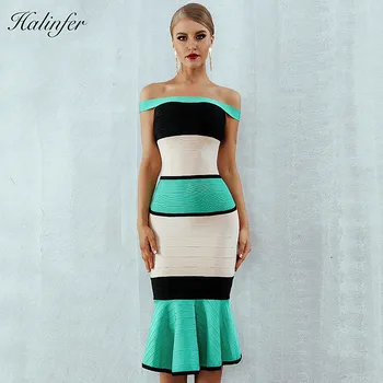 

Halinfer 2018 New summer women dress sexy bodycon slash neck bandage dress elegant celebrity party fishtail dresses vestidos