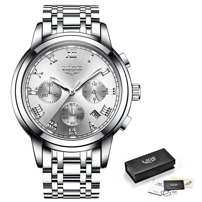 LIGE мужские часы Топ люксовый бренд полная сталь водонепроницаемые спортивные кварцевые часы для мужчин модные часы с хронографом Relogio Masculino - Цвет: Silver white S