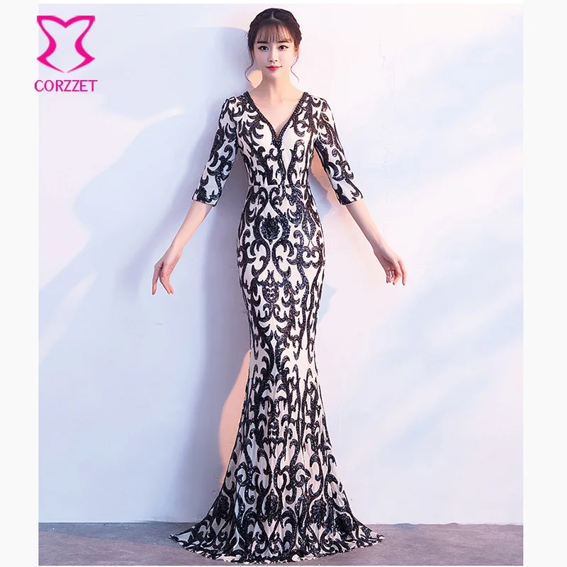 

Luxury Beige &Black Paisley Sequined Gem Beading Deep V Neck Half Sleeve Long Mermaid Formal Sexy Dresses Party Night Club Dress