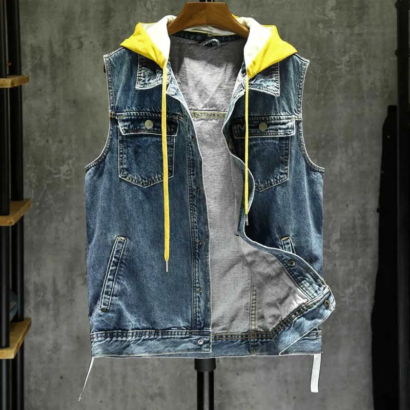 Fashion Vests Outerwear Hooded Mens Vest Casual Denim Waistcoat