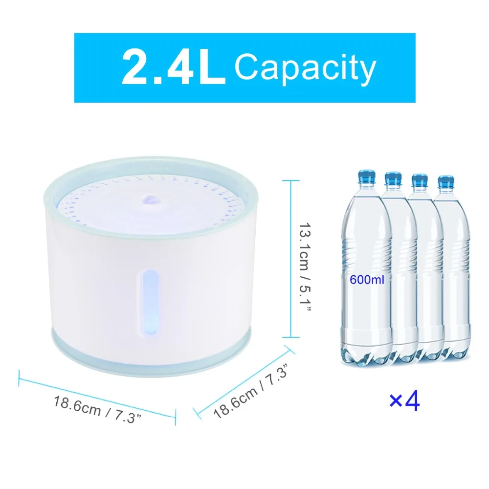 2.4L Capacity Automatic Cat Dog Electric Pet Drinking Fountain with LED Pet Bowl Drinking Water Dispenser Drink Filter Safe