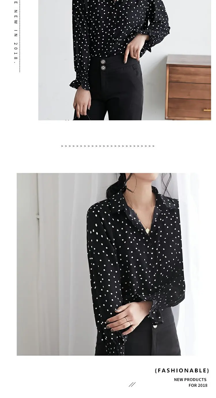 Модные женские блузки в горошек шифоновая блузка рубашка с длинным рукавом рубашки Женские отложной воротник офисная блузка женские топы 2578 50