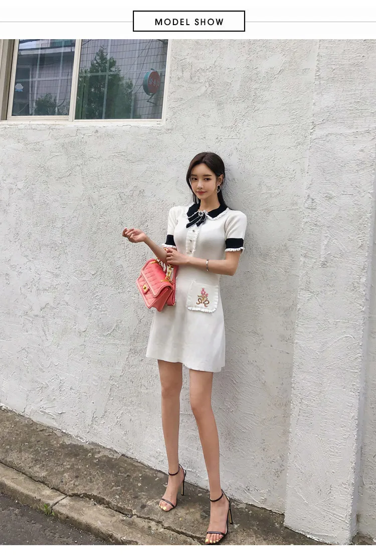 Летнее Новое корейское темпераментное милое вязаное платье с кукольным воротником и бантом, повседневное модное сексуальное платье с вышивкой