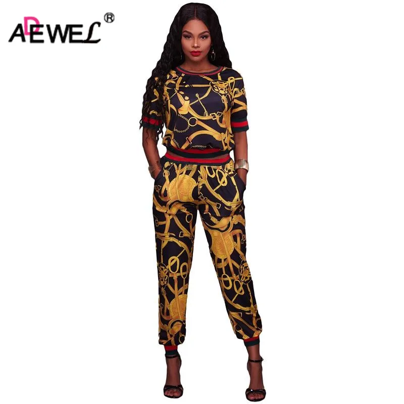 

ADEWEL 2019 Casual Women 2 Piece Ribs Pullover & Pants Sets Fashion Gold Multiple Chain Printed Two Piece Sets
