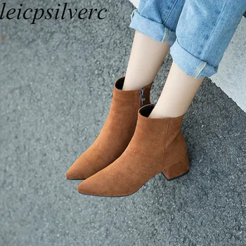 

Women Boots Autumn Winter Med Heel Warm Flock Pointed Toe Zip Ankle Chelsea Martin Shoe 2018 New Sexy Fashion Black Size 34-44