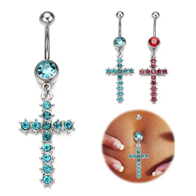 10pcs Sexy Cross Jesus Christian Belly Button Piercings Long Crystal Dangle Journey 14G Body