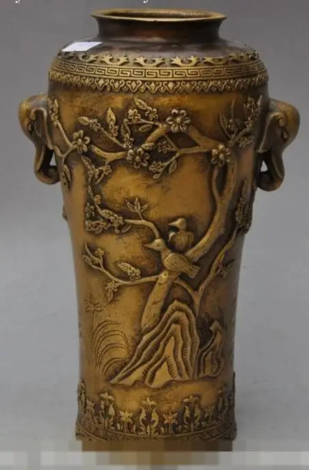 

S7320 old chinese bronze Magpies bird Plum flower elephant head statue Tanks Crock jar D0318