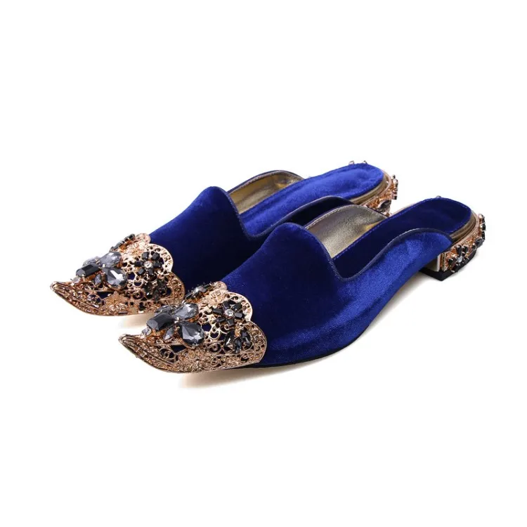 

newest autumn suede slippers Retro Luxury rhinestone slippers Metal cut-out flowers ladies flats shoes Handmade females slides