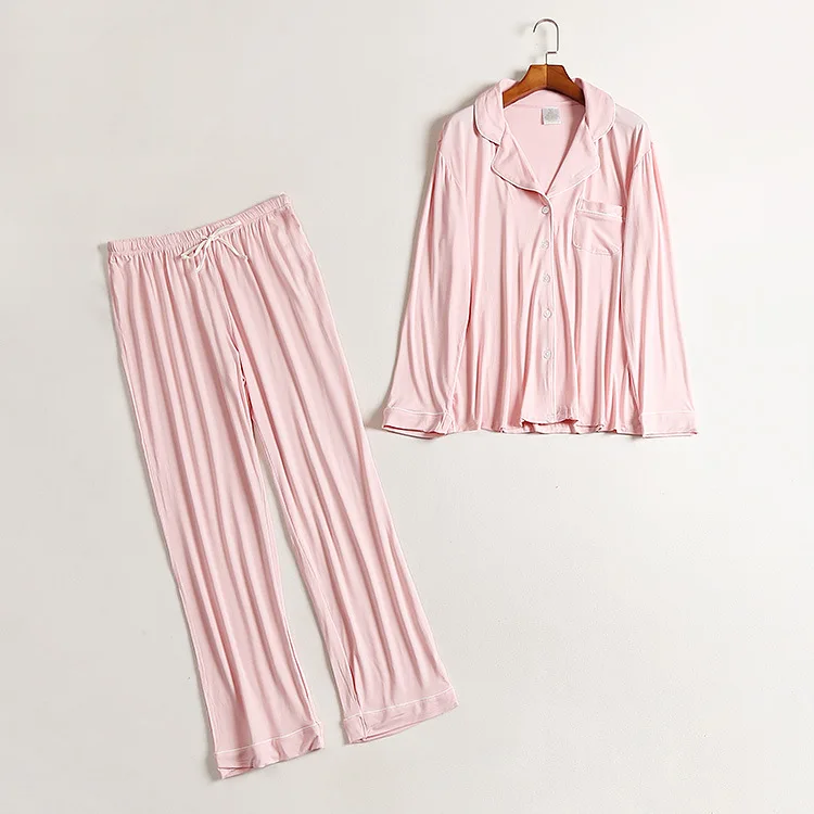 Женская спальная Пижама с отложным воротником, шелковое женское белье с длинными штанами, однотонная Пижама - Цвет: Розовый