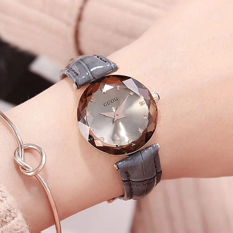 Новые Часы GUOU, модные женские часы, женские часы из натуральной кожи, изысканные бриллиантовые часы, relogio feminino reloj mujer saat - Цвет: Grey