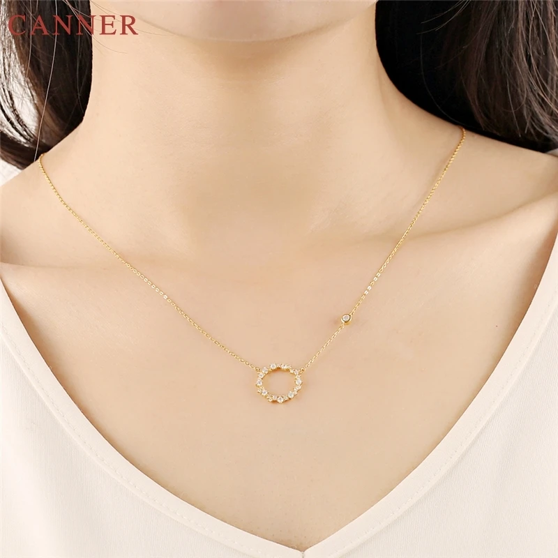 Gold Color CZ Crystal Round Circle Pendant Necklace for Women 925 Sterling Silver Jewelry Zircon Necklace collier femme C35