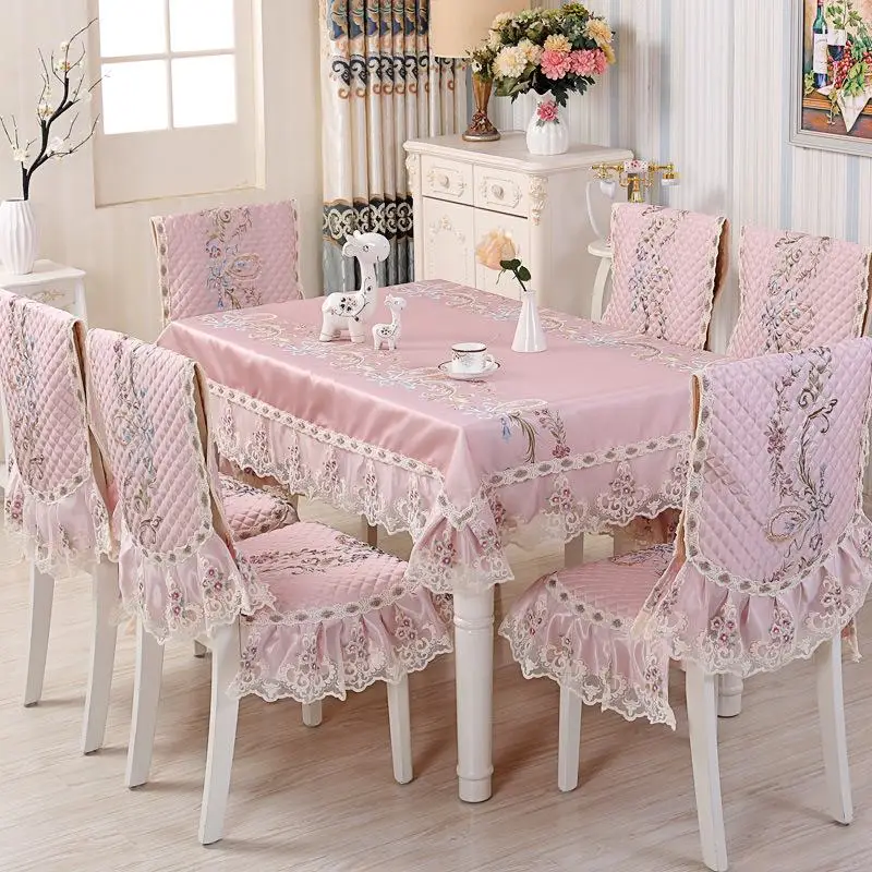 

Pastoral Floral Ice Cream Pink Blue Lace Home Kitchen Party Tablecloth Set Suit Table-cloth Rectangular Table Cloth Chair Cover