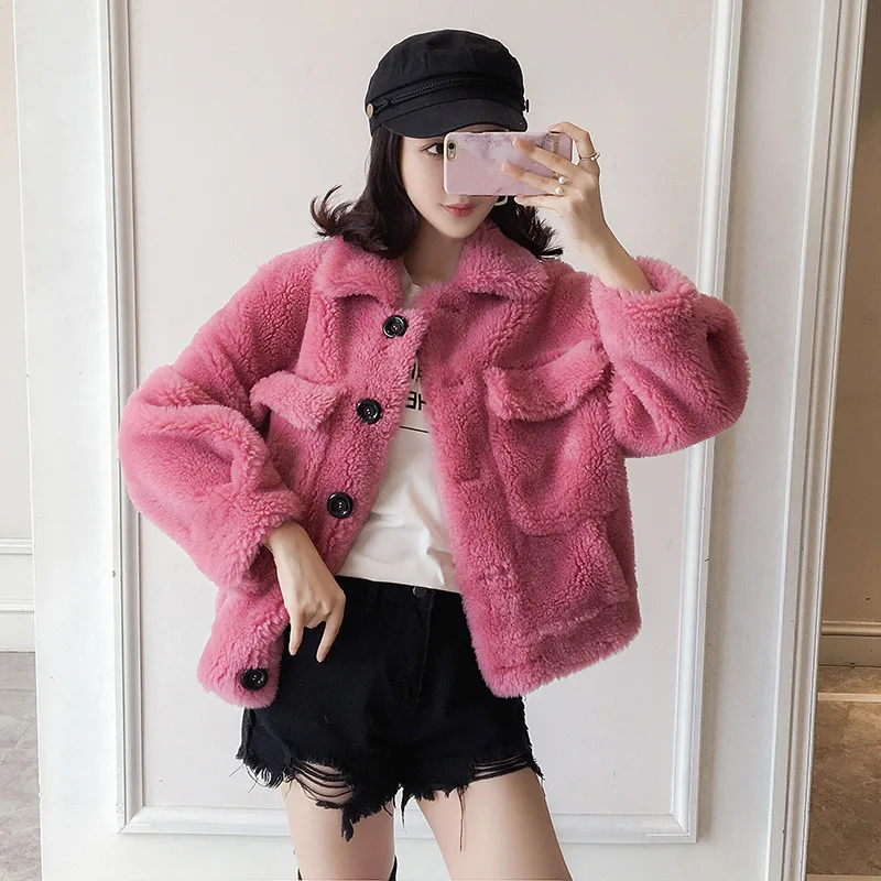 DUOUPA 2019 Lazy New Small Fashion Sheep Sheared Fur Coat Female Short Paragraph Dream Particles Gilded Square Collar Coat