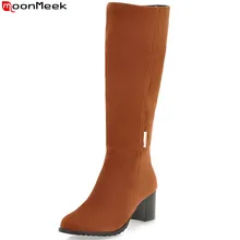 MoonMeek/ горячая распродажа; Новое поступление; зимние женские сапоги; женские сапоги из флока на молнии с круглым носком; сапоги до колена на квадратном каблуке; Цвет черный, коричневый