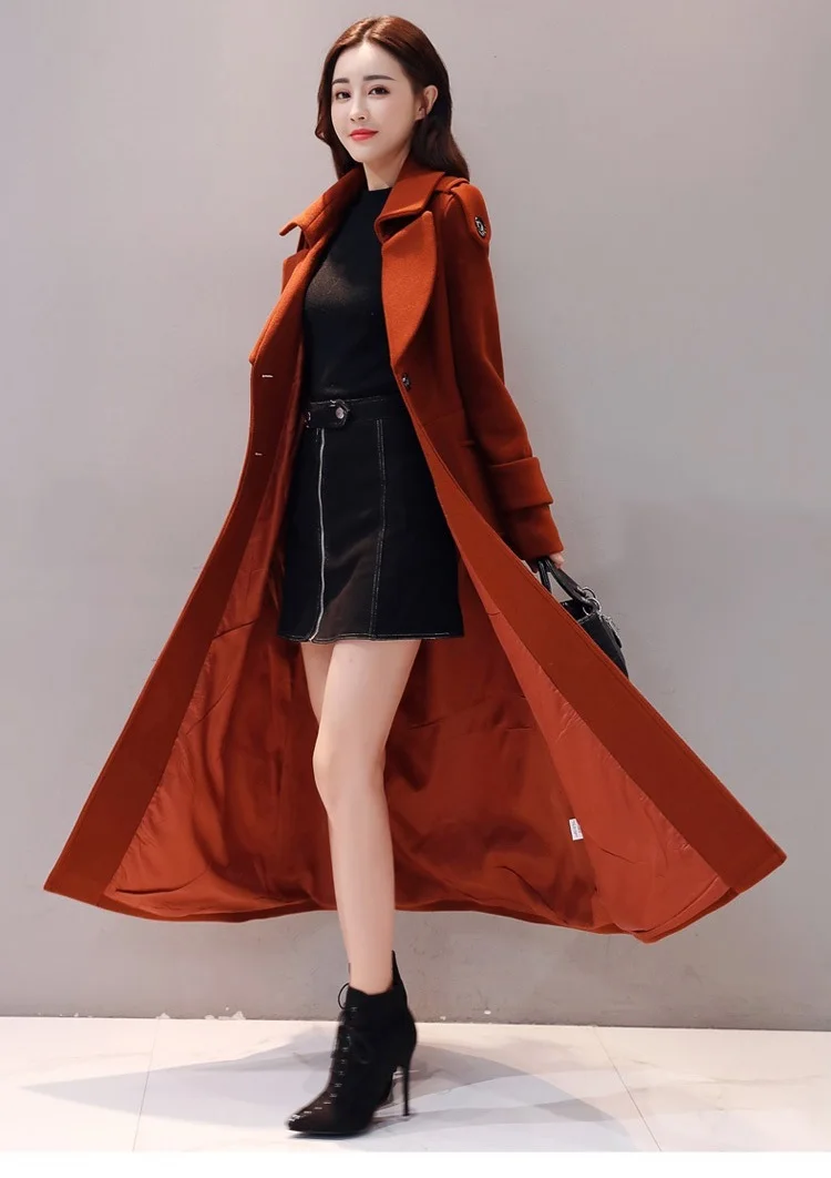 Модное очень длинное шерстяное Женское пальто Осень Зима Новая черная Длинная шерстяная куртка корейского размера плюс толстое теплое Женское пальто