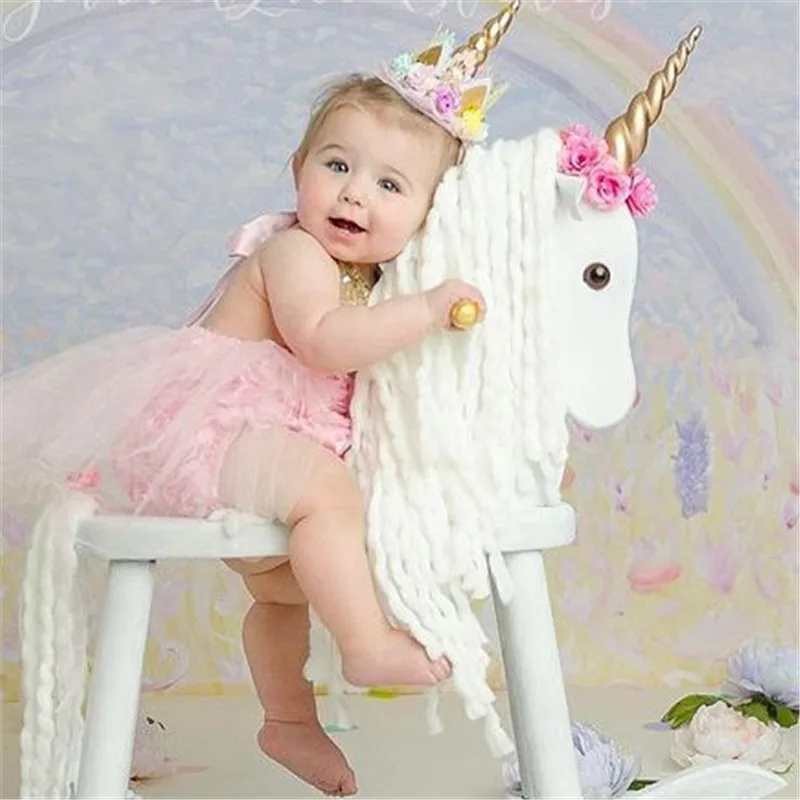 

2018 Glitter Metallic Unicorn Headband Girls Chiffon Flowers Hairband For Kids leaf flower Unicorn Horn Party Hair Accessories