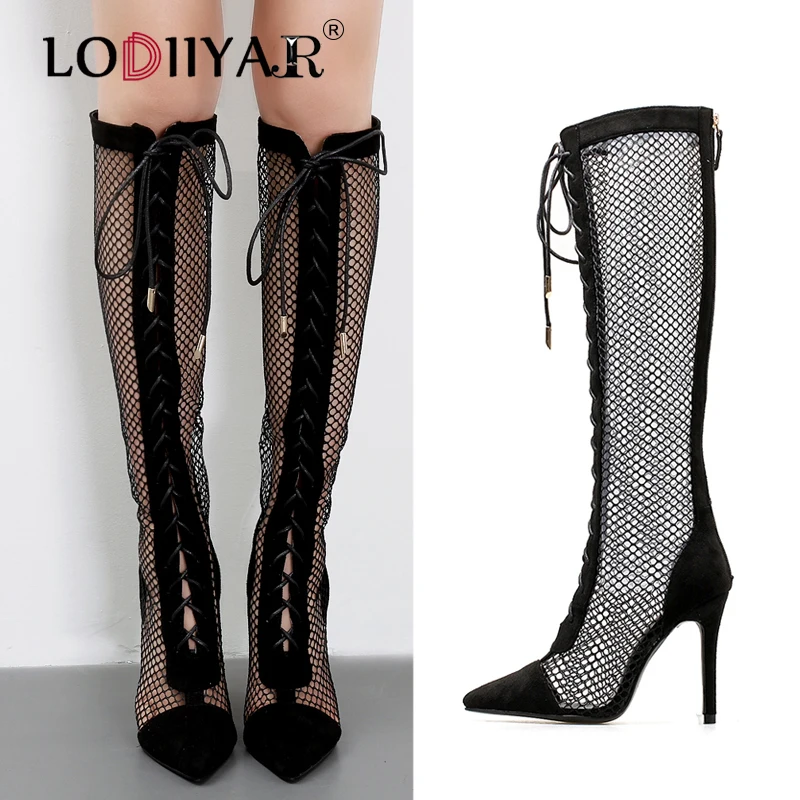 

Hollow Boots Shoes Lace Up Breathable Knit Line Mesh Pointed Toe Super High Heels Knee-High Boots Sexy Nightclub Shoes Black