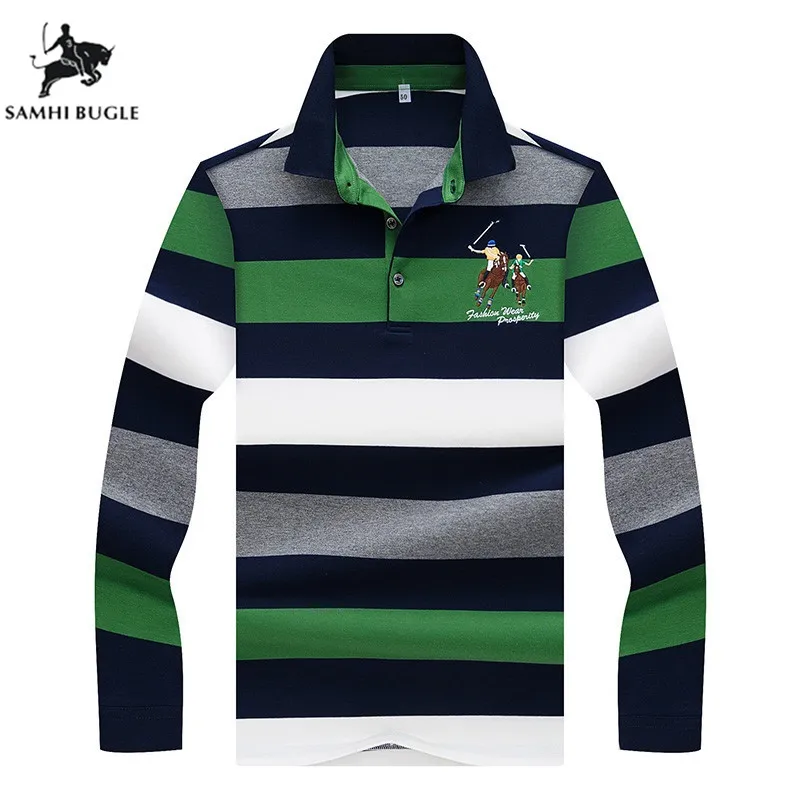Business Office Embroidery Poloshirt Men Cotton Striped Lapel Mens