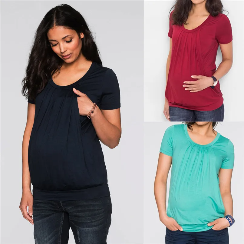 

Maternity Clothes Breastfeeding Clothes Summer Maternity Nursing Solid Short Sleeves Double Layer Top Blouse T-Shirt JE25#F