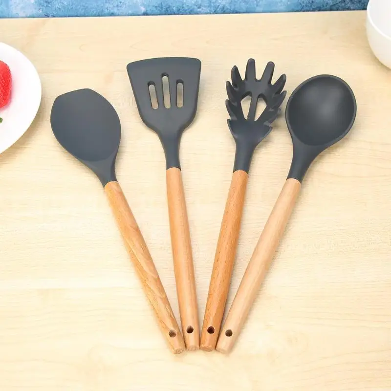 Деревянная ручка, силиконовая кухонная утварь, лопатка с антипригарным покрытием, кухонная утварь, посуда для домашнего приготовления, наборы кухонных принадлежностей, гаджеты