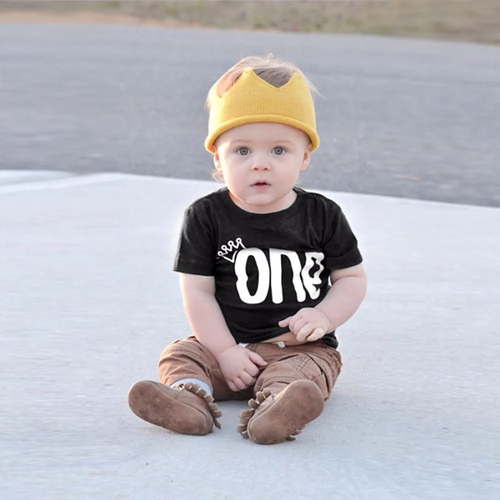 

Puseky Newborn Baby Boy Summer Clothes Short Sleeve Bebes Boy Crown ONE Letter Printed T Shirts Black Tops Tee 0-24M
