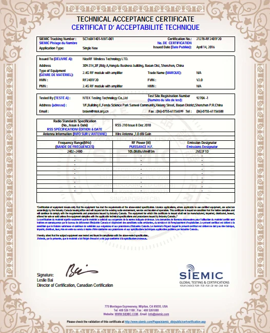 IC Certification letter of RF2401F20