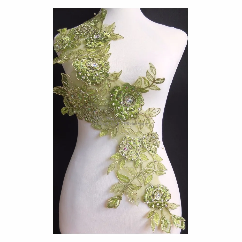 

DHL Free Shipping 5pcs/lot x Handmade Olive Green/Gold Beaded Sequin 3D Flower Embroidery Lace Appliques Collars Patches BNC135A