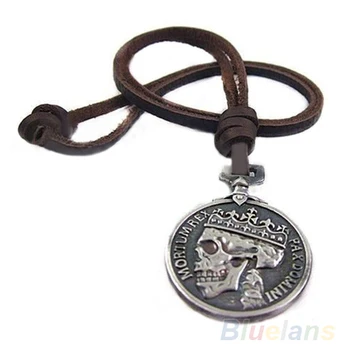 

Fashion Men's Charms Vintage Silver Skull Pendant Genuine Leather Necklace necklaces pendants