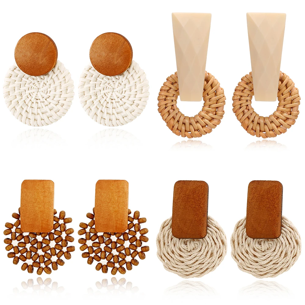 

2019 Korea Style Handmade Wooden Straw Weave Rattan Vine Braid Drop Dangle Earring Boho Vintage Round Geometric Hanging Earring